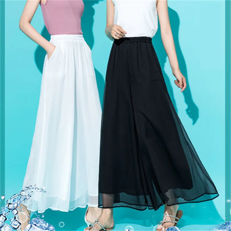 

Pocket Chiffon Double Layer Skirt Pants Women High Waist Thin Dance Wide Leg Pants Slim Drop Versatile tulle Pants BC120
