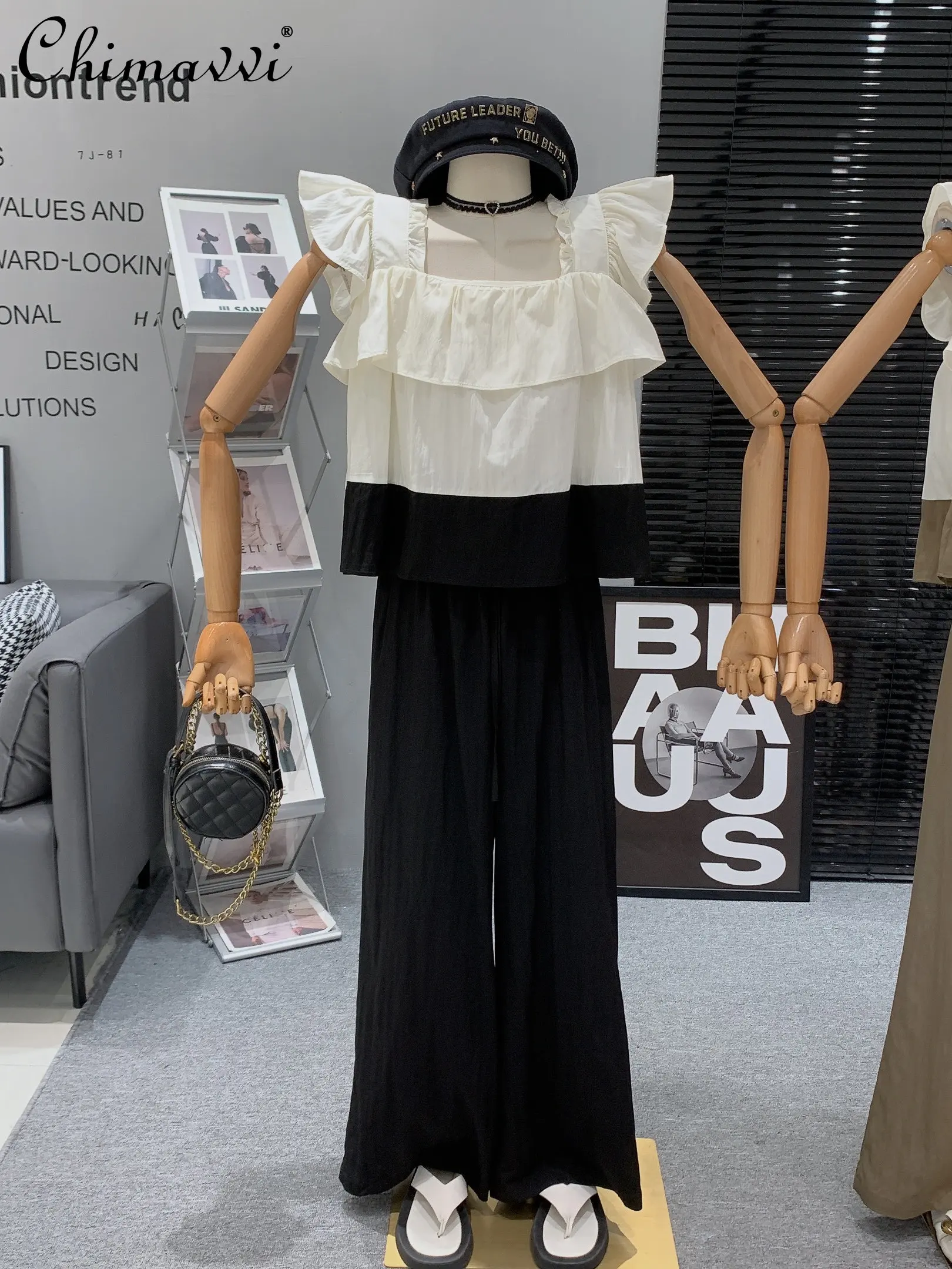 

2023 Summer Square Collar Flying Sleeves Ruffled Loose Top High Waist Drooping Casual Trousers Elegant Two-Piece Women‘s Outfit