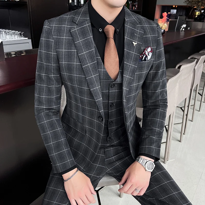 

(Jacket+Vest+Pant)Men 3 Pcs Suit Spring Plaid Slim Fit Business Blazer Formal Casual Check Suits Office Party Prom Wedding Groom