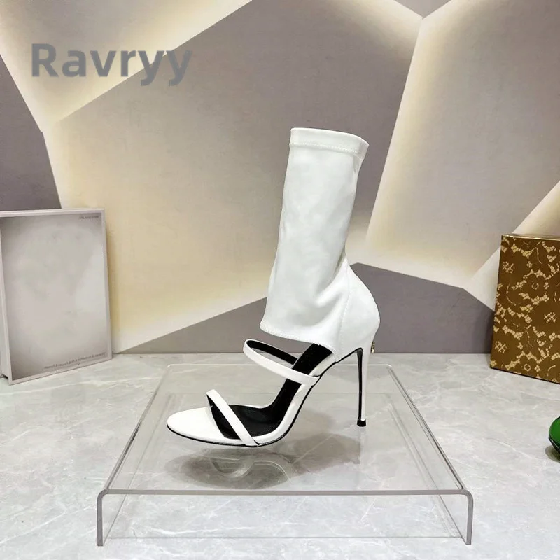 2023 Summer Hot Fashion Boots Open Strip Versatile Concise High Heel Boots Thin Heel Sewing Stretch Cloth Slip-On Women Shoes