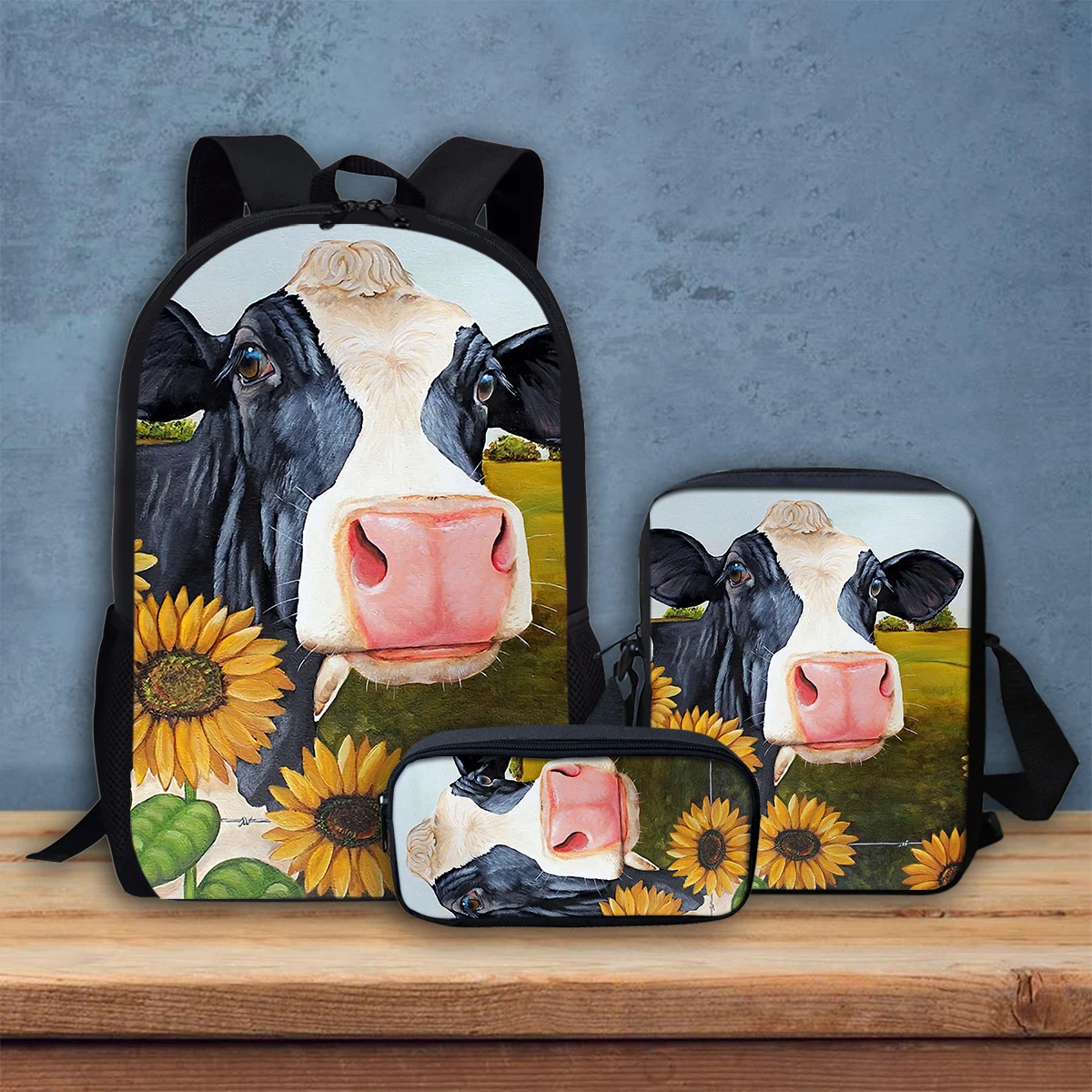 Flowers Cows Portable Crossbody Fashion Animal Pattern Stationery Boxes New Trend Teens Durable 17 Inch Backpack 3Pcs/Set Gifts
