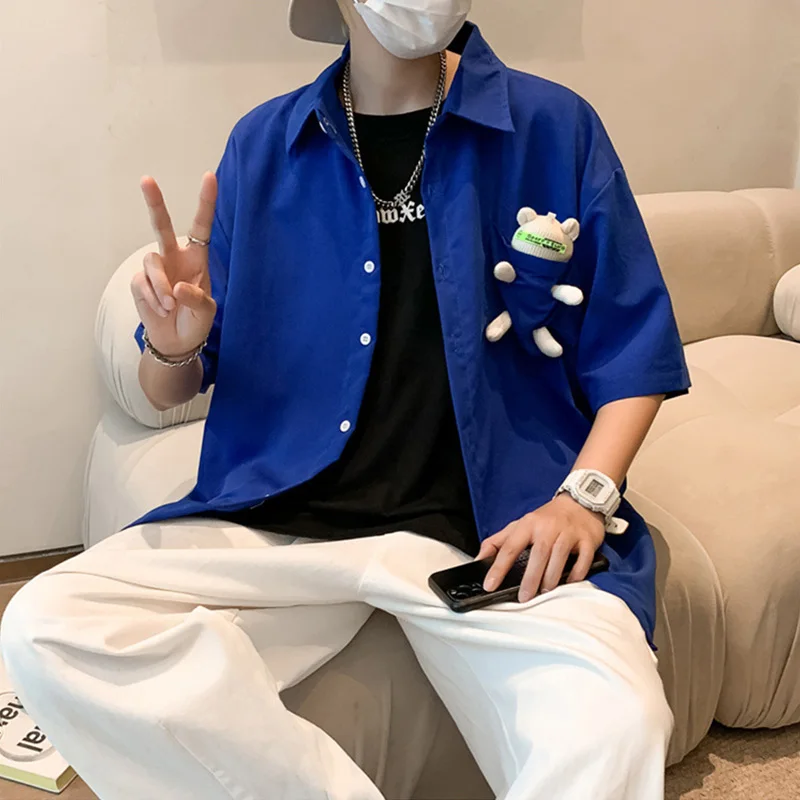 Black Shirts Men Summer Cartoon Doll Bear Blouse Fashion Vintage Cardigan Short Sleeve Tops Casual Male Y2K Clothes Streetwear