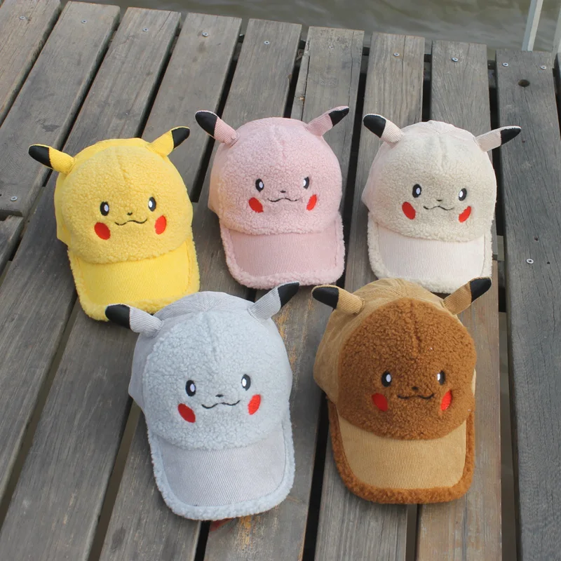 

Anime Pokemon Children's Warm Hat Cartoon Pikachu Autumn and Winter Baseball Cap Children Tentacles Plus Velvet Thick Hat.
