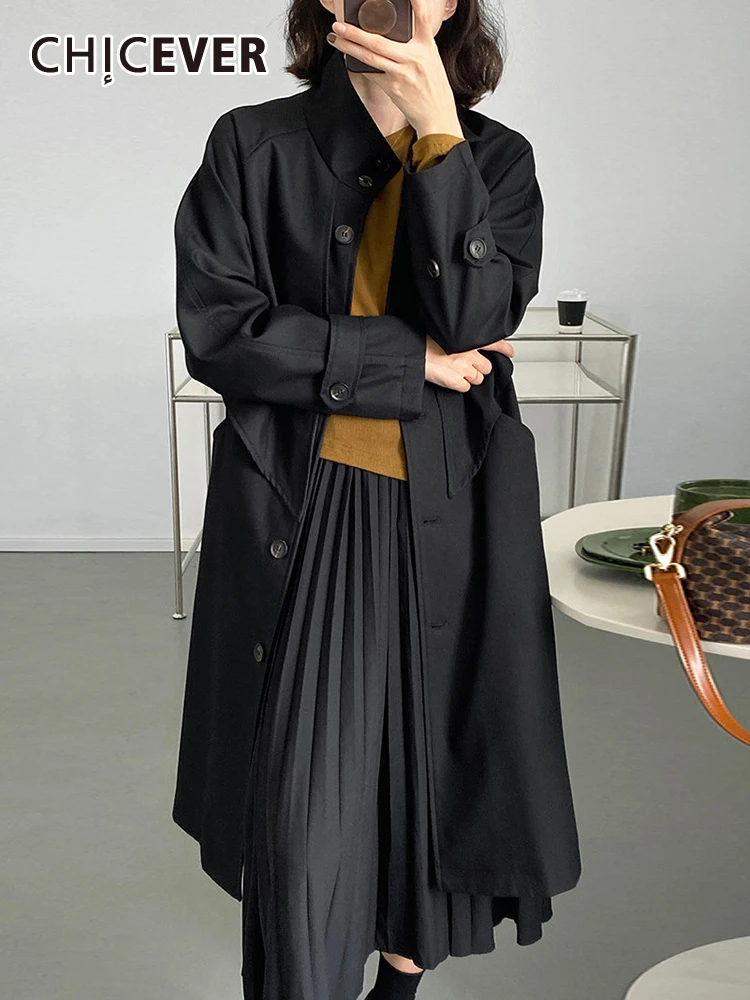 

Женское однобортное пальто CHICEVER, однобортное пальто с воротником-стойкой и длинным рукавом, однотонная ветровка на шнуровке