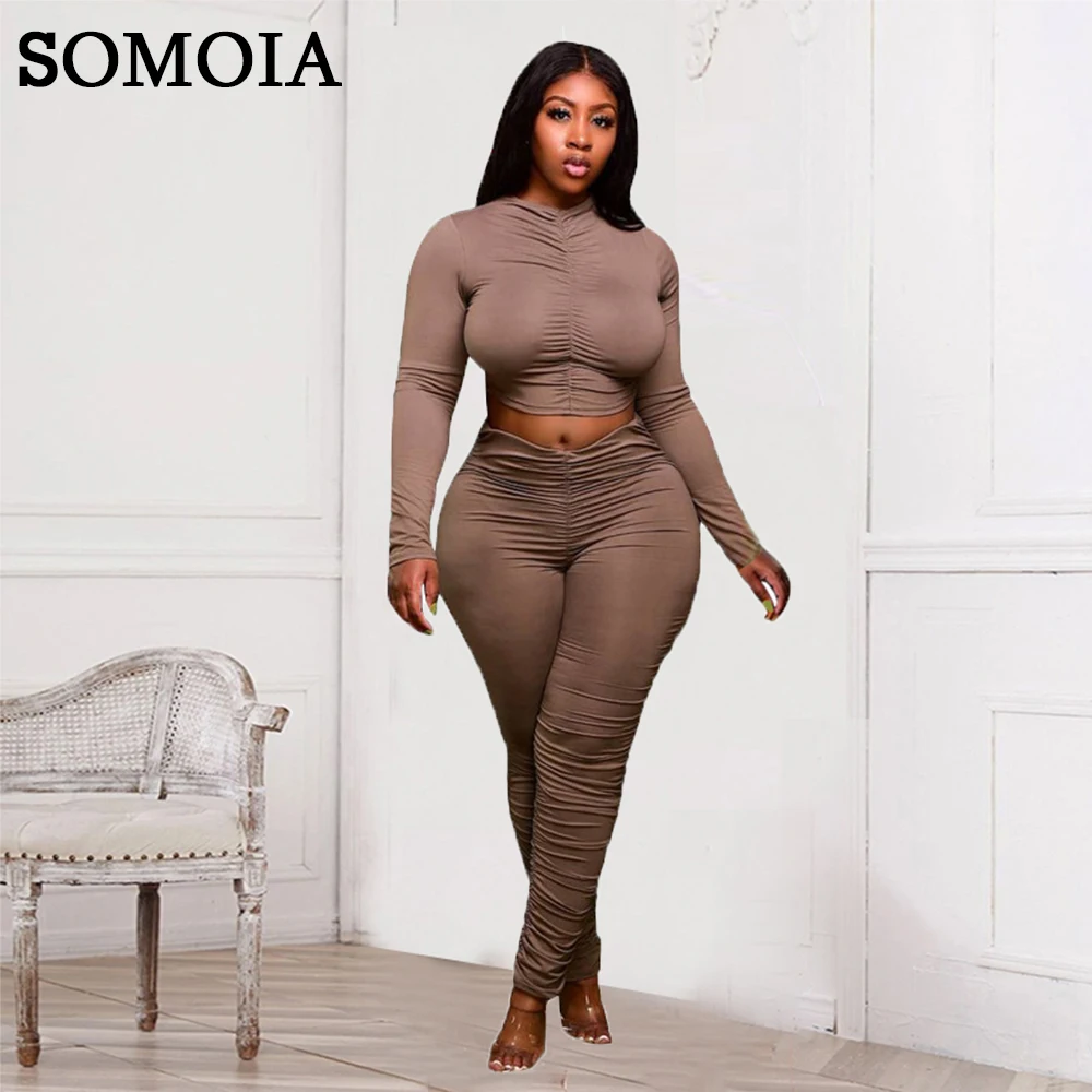 

Plus Size Women Clothing Tights Shirring Two Piece Set Turtleneck Crop Tops and Elastic Stacked Pants Sets Casual Streetwear