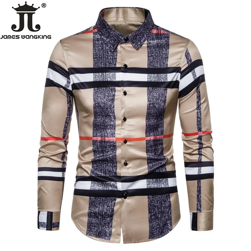 

6XL 2022 Business Casual Plaid Shirt Men's Formal Workwear Wedding Dress Slim Social Party Clothes Khaki Checked Shirt