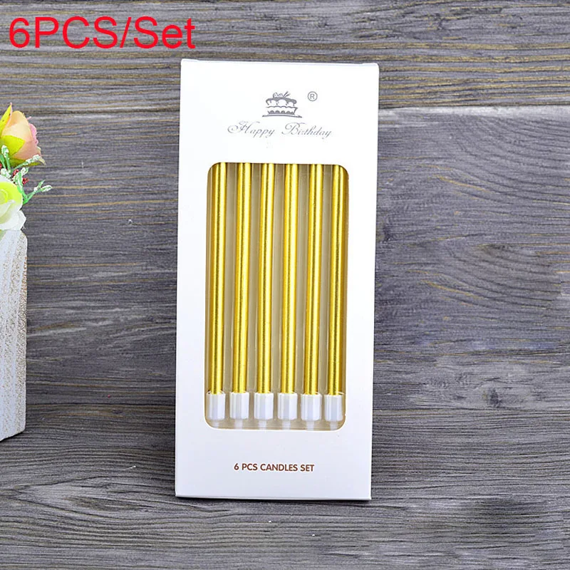 6PCS Baby Shower Gold Long Pencil Cake Candle Safe Flames Birthday Party Decoration Kids Wedding Cake Candle Home Favor Supplies