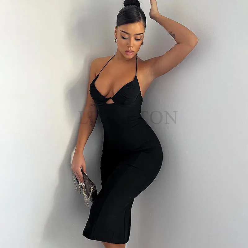 

Lace Up Halter Midi Dress V Neck Slit Bodycon Sexy Party Elegant Evening Birthday Festival Clothing Summer