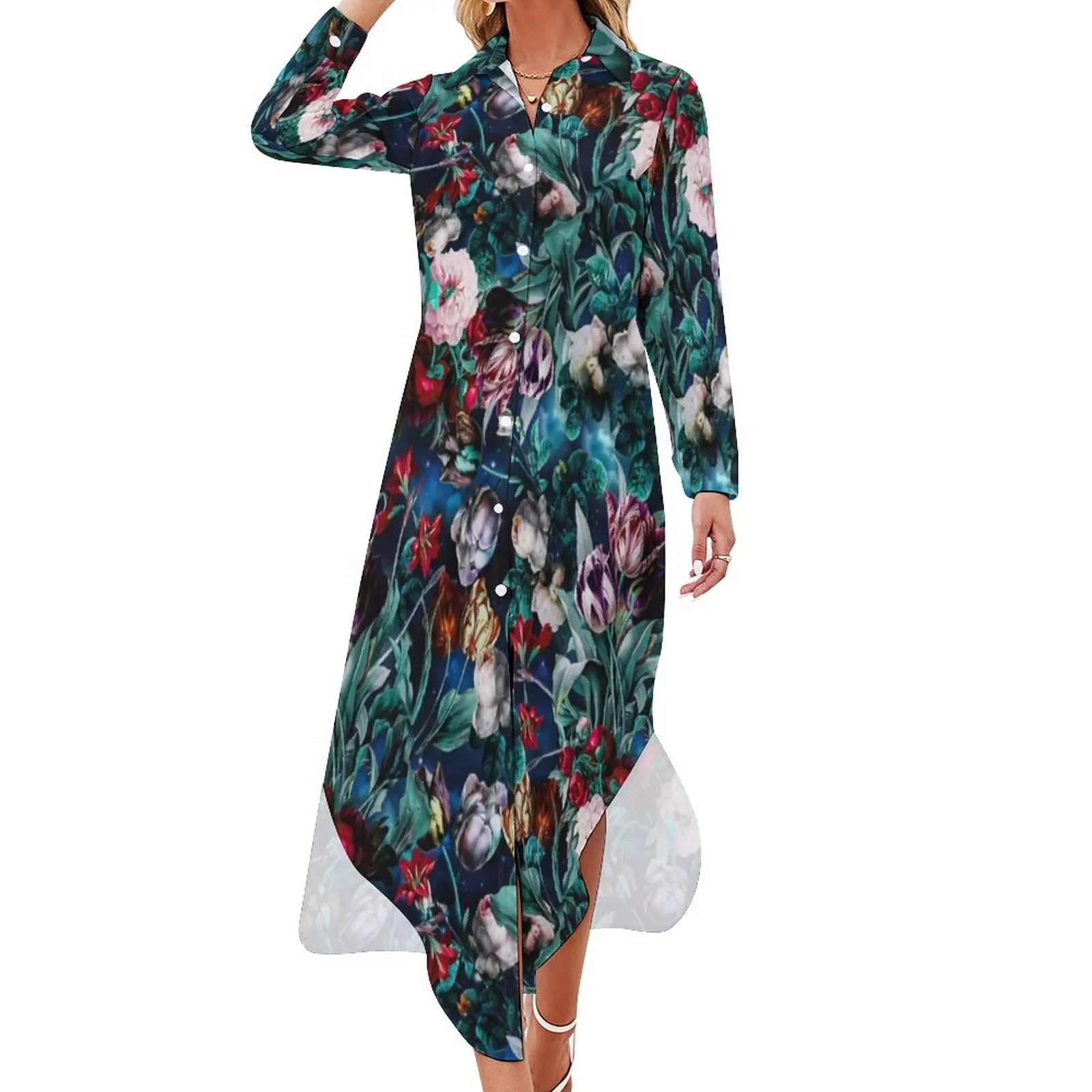 

Vintage Floral Casual Dress Night Forest Graphic Street Style Dresses Long Sleeve Female V Neck Print Oversize Chiffon Dress