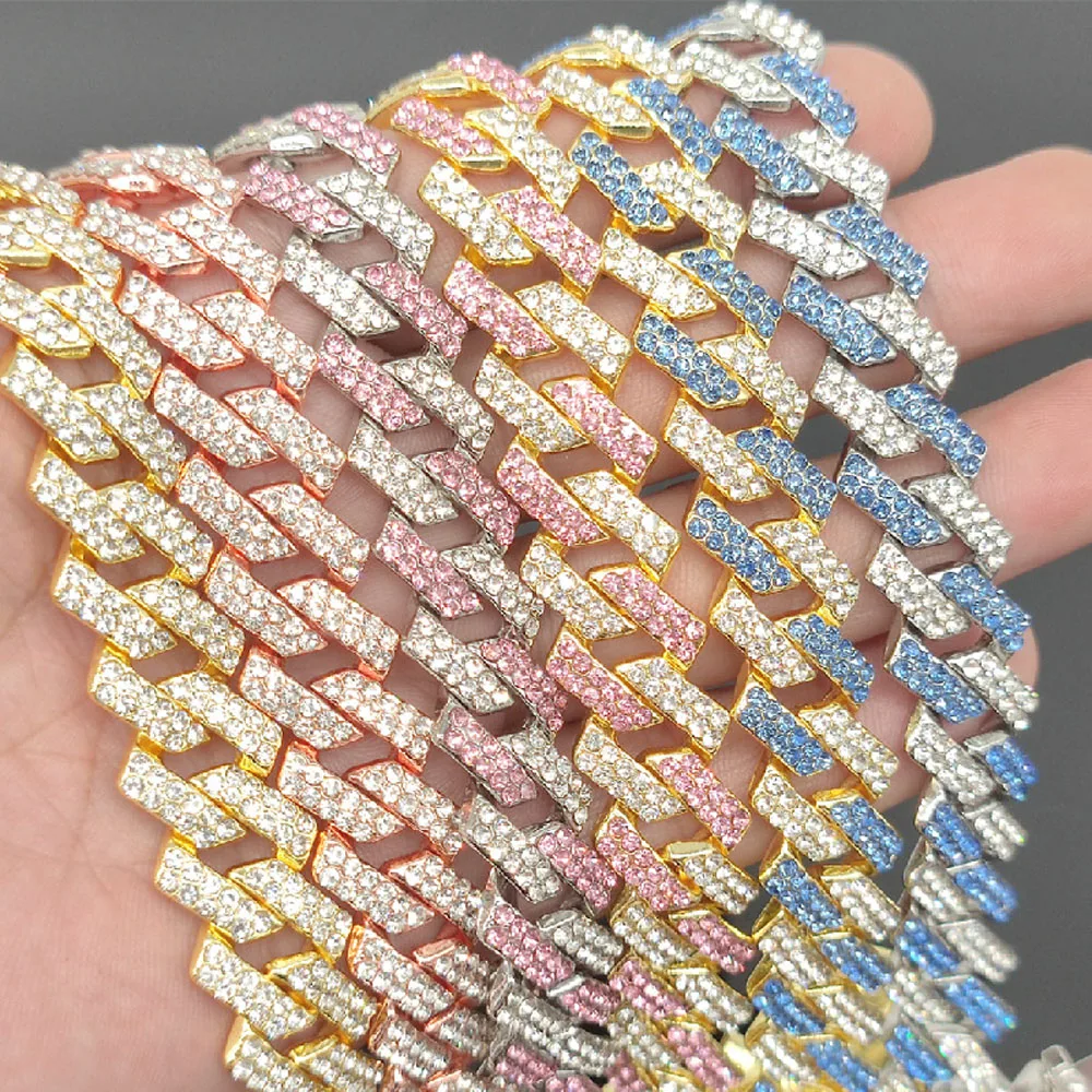 14mm Iced Out Rhombus Prong Cuban Link Chain Necklace For Women Color Rhinestones Paved Cuban Choker Necklace HipHop Men Jewelry