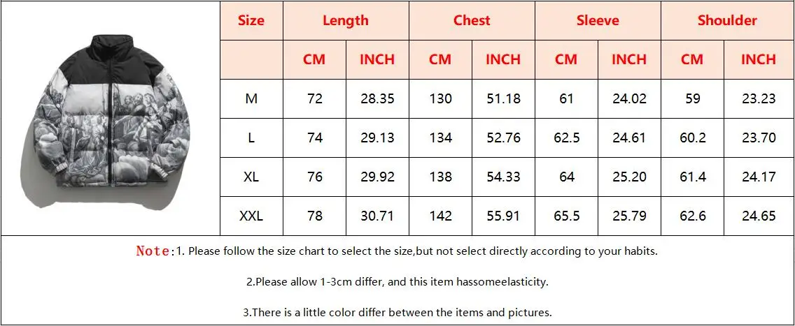 Fashion Harajuku Casual Oversize Coat Winter Warm Couple Stand-up Collar Outwear Men Vintage Thick Parkas Portrait Print Jacket