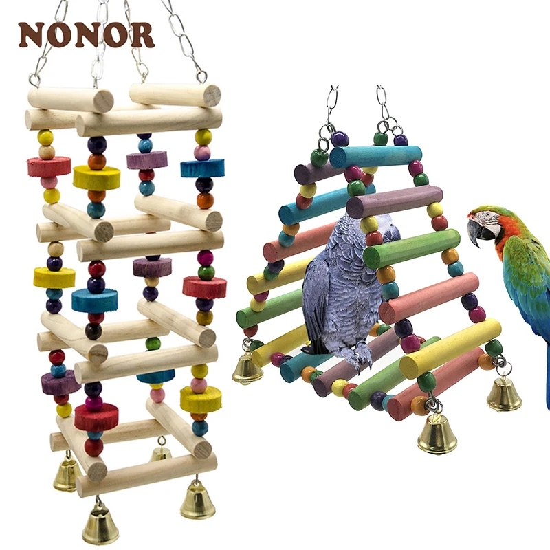 

NONOR Parrots Toys Bird Swing Exercise Climbing Hanging Ladder Bridge Wooden Rainbow Pet Parrot Macaw Hammock Bird Toy With Bell