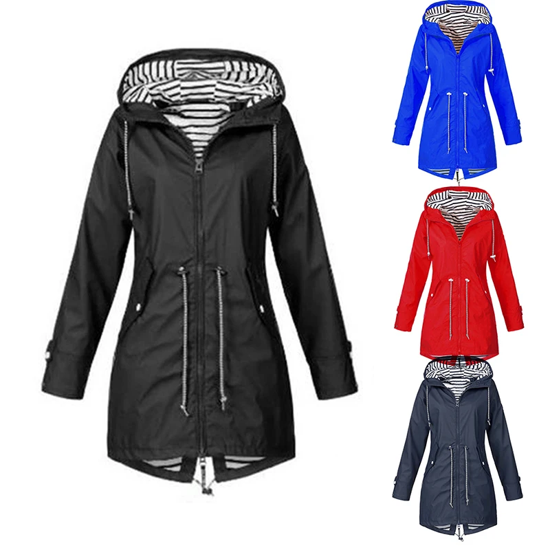 

Women's Fashion Hooded Outdoors Zipper Windproof Trench Coats Casual Waterproof Drawstring Rain Jackets Mountaineeri Female