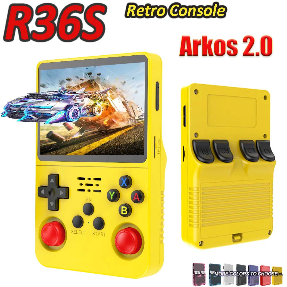 Фото Игровая консоль Arkos System R36S в стиле ретро, 3,5 дюйма, портативный карманный видеоплеер с открытым исходным кодом, желтый, розовый, 20000+ игровых консолей №1