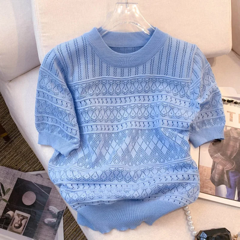

Thin Tees Short Sleeve Hollow Out T Shirt Women O Neck Tshirts Female Knitted Tops 2023 Summer Korean Fashion Womens Clothing