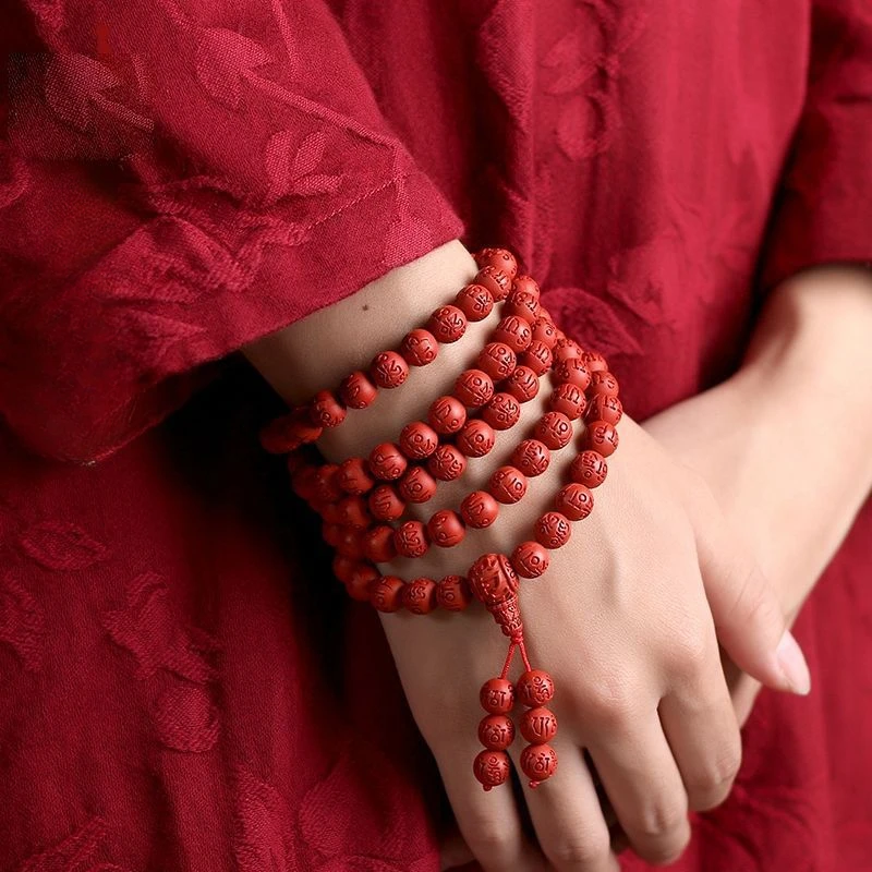 108 Браслеты цвета Киновари для мужчин и женщин шестигранная мантра круглые