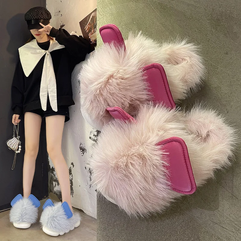 

Шлепанцы женские из флока, меховые тапочки на платформе, сланцы, мягкая обувь на плоской подошве, зимняя обувь, модные низкие, 2022