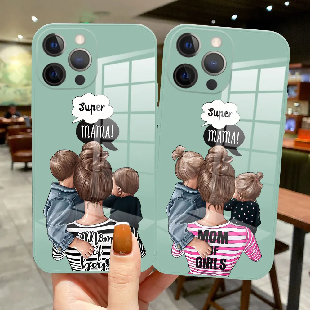 

Super Mama Girl Mom Boy Baby Phone Case For iPhone 11 12 13 Pro Max Mini XS 7 8 Plus XR XS Max SE 20 light cyan Glass Back Cover
