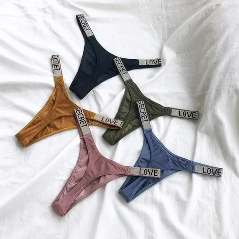 Sexy Panties Women Thongs Rhinestones letter Diamonds  G-string  Thong Low Waist Shorts Briefs T-back Fitness Panties Underwear