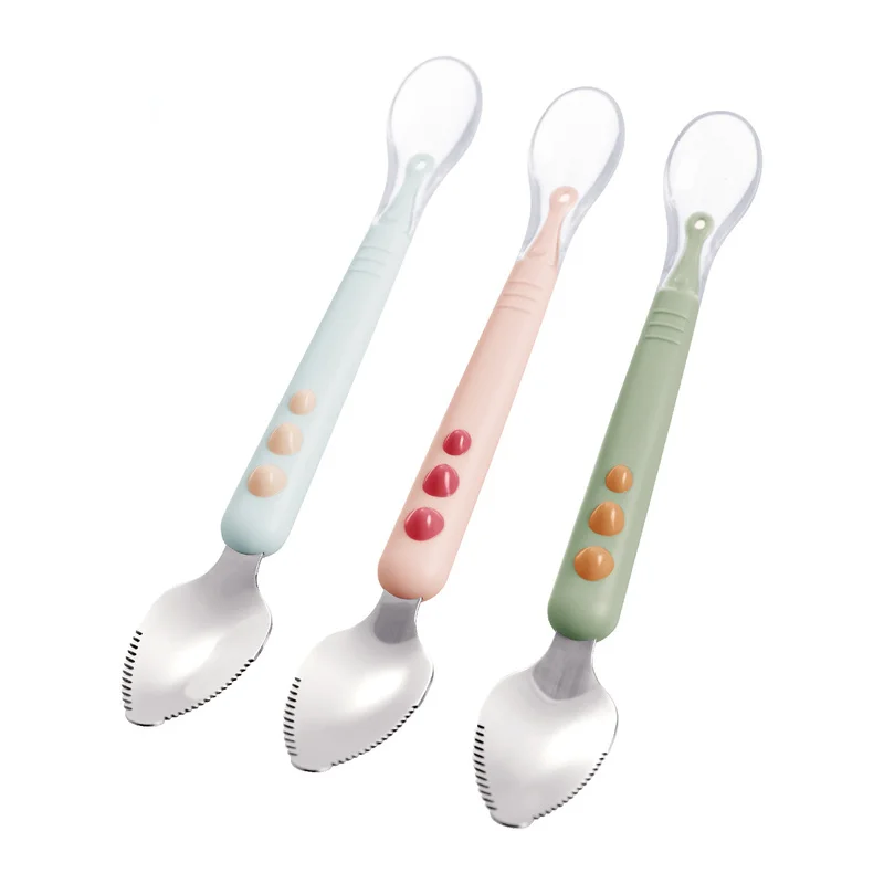 

Double Sided Baby Food Feeding Spoon Stainless Steel Scraper No BPA Silicone Soft Spoon Infant Utensils Children Toddler Cutlery