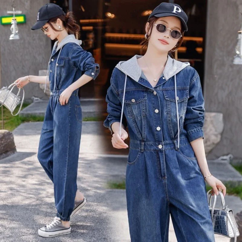 Spring Hooded Denim Jumpsuits for Women Jump Suits Straight Cotton Blue Pocket Drawstring Button Color Matching Blue Jeans Pants