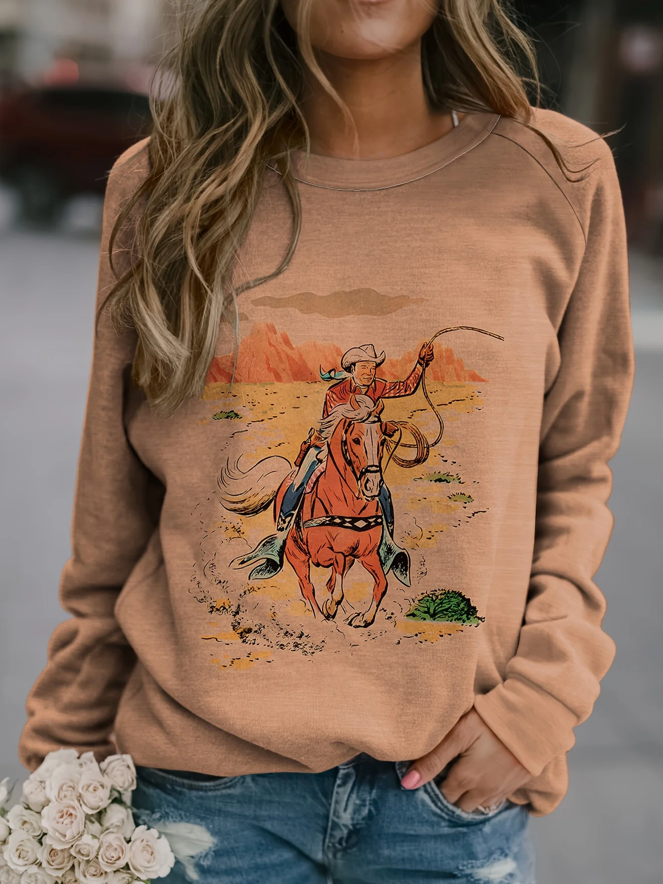 

Женская Повседневная Толстовка в западном стиле, Женская толстовка с длинным рукавом и круглым вырезом и ковбойским принтом