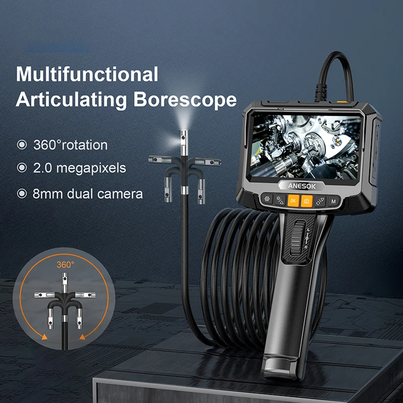 

Steerable Borescope Dual Lens Pipe Industrial Endoscope Full HD 5“ IPS Display Piping Camera 2000mAh Battery IP67 Waterproof