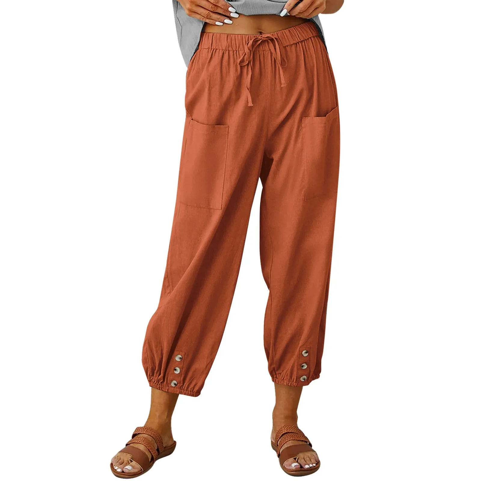 Casual Solid Color Cotton Harem Pants for Women Drawstring Elastic Waist Sweatpants with Pockets Button Loose Baggy Trousers