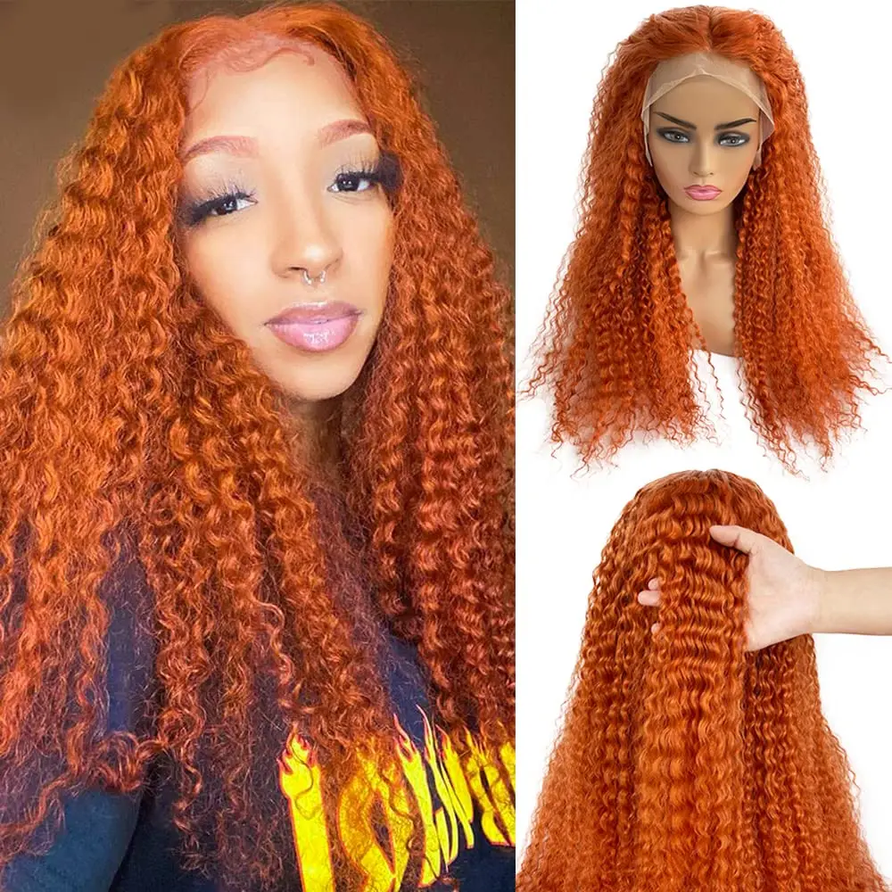 Deep Wave Ginger Lace Front Wigs Glueless Brazilian Virgin Curly 13x1 Pre Plucked T Part Human Hair Lace Frontal Wigs