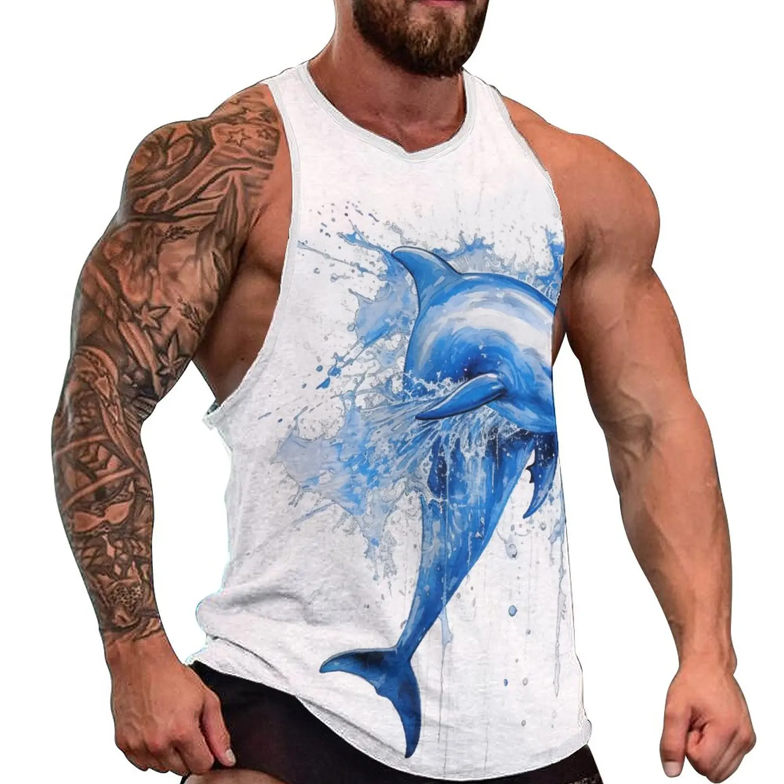 

Dolphin Tank Top Male Ink Drawing Detailed Tops Summer Graphic Workout Cool Oversize Sleeveless Shirts