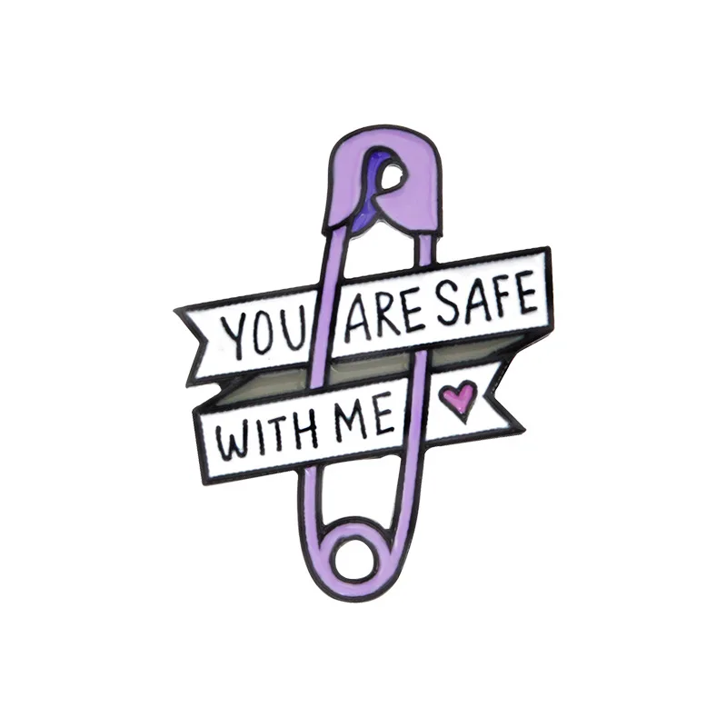 

Creative Purple Paper Clip Enamel Pin You Are Safe With Me Letter Badge Brooch Denim Pins Women Men Bag Backpack Button Jewelry