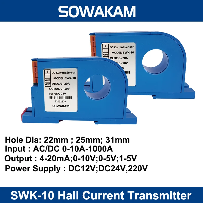 

SWK-10 Hall Current Sensor AC DC Electric Ampere Transducer Transmitter 10A 20A 30A 50A 1000A Input 4-20mA Output Converter