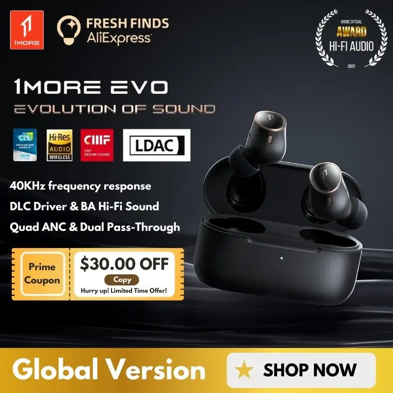 Мировая премьера 1MORE EVO Hi-Res LDAC наушники беспроводные Bluetooth 5.2 42dB Активное шумоподавление ANC Tws 40KHz Частотная характеристика Hi-Fi Sound 6 микро…