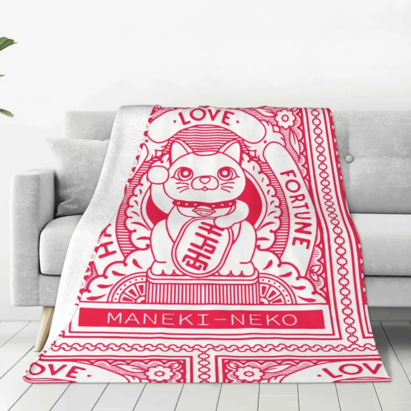 

Maneki Neko Stamp Cover Fleece Japan Lucky Cat Fortune Super Soft Throw Blanket for Bed Rug