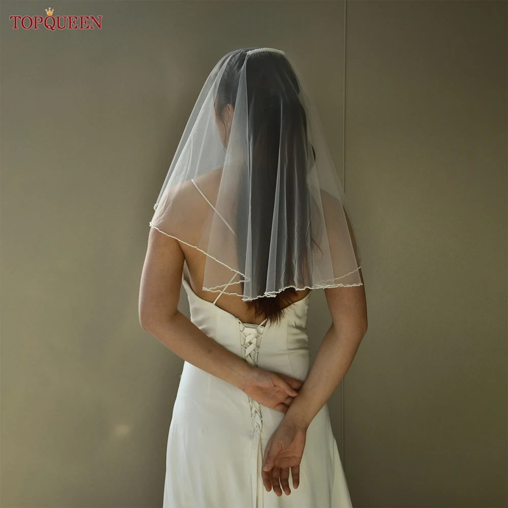 TOPQUEEN V173 Свадебная фата длиной до плеч 2-слойная с расческой румяна жемчугом для