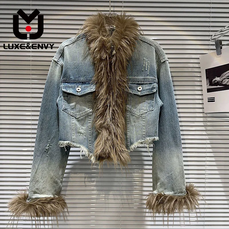 

LUXE&ENVY Netizen Same Style New Little Spicy Girl Environmental Friendly Fur Collar Cuff Gradient Denim Short Coat 2023 Autumn