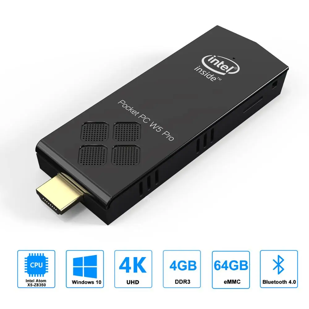 W5 Pro Portable Mini PC Intel Z8350 Quad Core activated Windows 10 PC Stick with HD Wifi BT4.2 Mini Computer