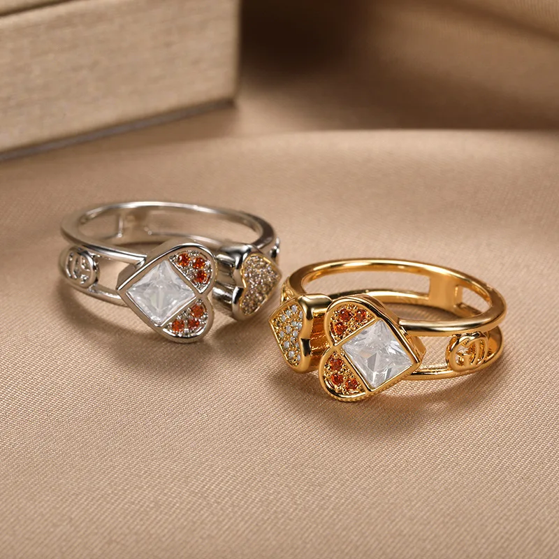 

Europe and America New Heart Shaped Zircon Ring Gold Plated Opening Adjustable Ring Female Fine Jewelry