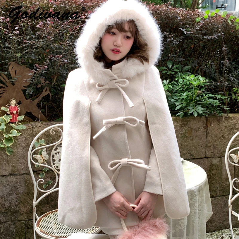 

Женское шерстяное пальто с капюшоном, элегантное шерстяное пальто с длинным рукавом и бантом на пуговицах, Осень-зима