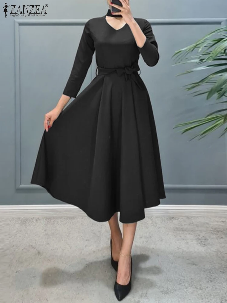 

2022 Summer Black Dresses ZANZEA Elegant Dress For Women Solid Midi Robe Holiday Sexy Hollow Out Casual Party 3/4 Sleeve Vestido