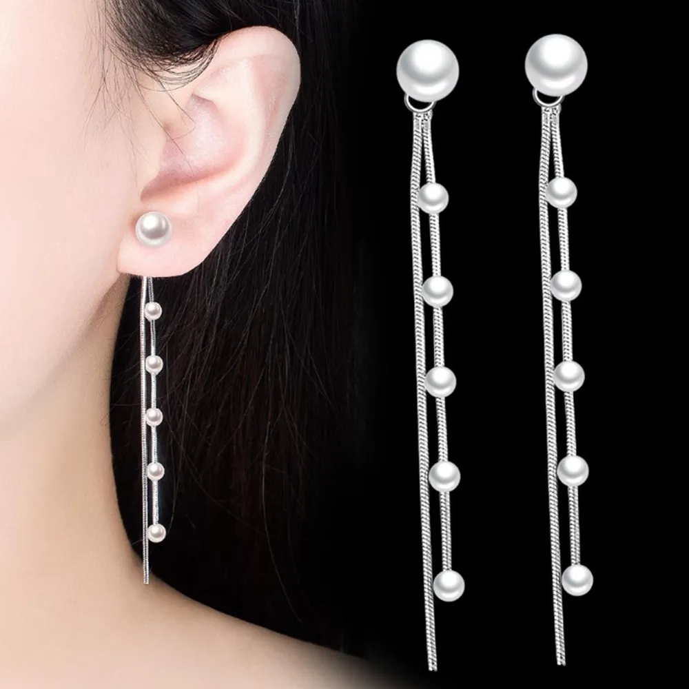

DAYIN 925 Sterling Silver New Women's Fashion Jewelry High Quality Pearl Long Tassel Drop Simple Back Hanging Earrings