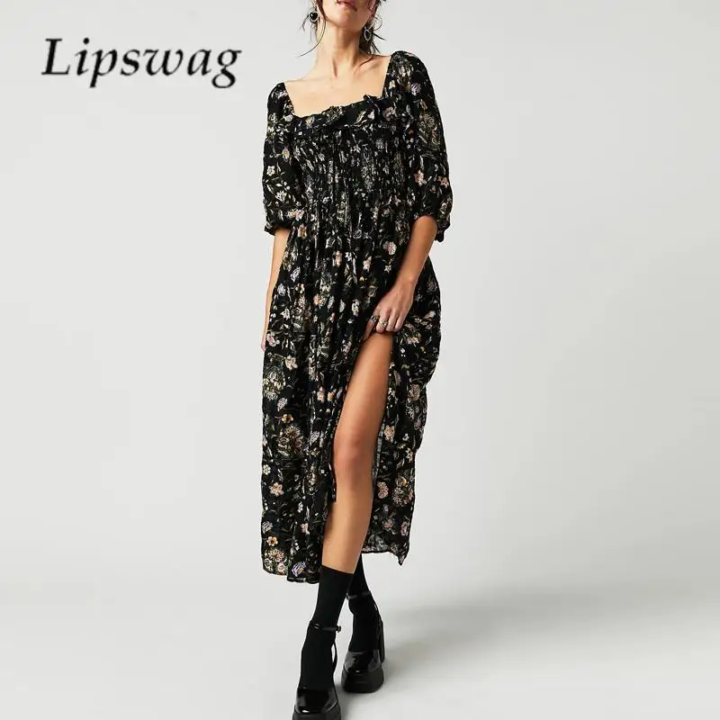 

Платье женское длинное Плиссированное с квадратным вырезом, высокой талией и цветочным принтом