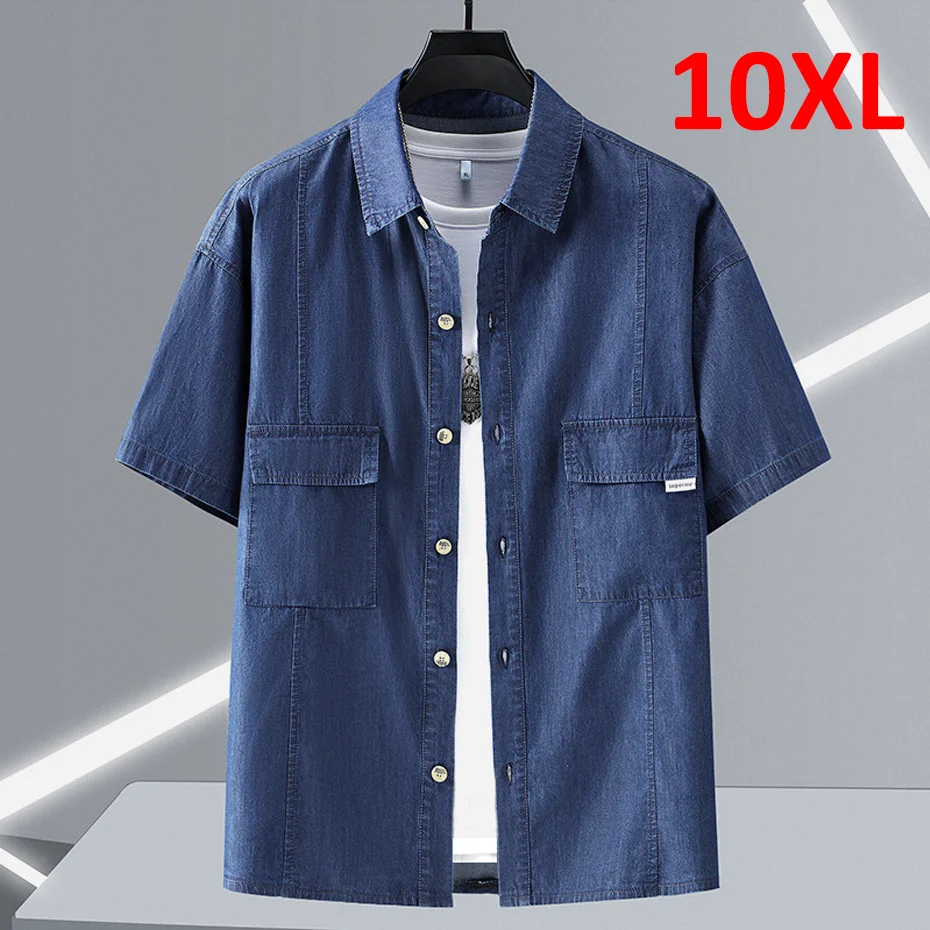 

Shirt Men Short Sleeve Denim Jackets Male Plus Size 10XL Jean Shirts Blue Solid Color Tops Summer
