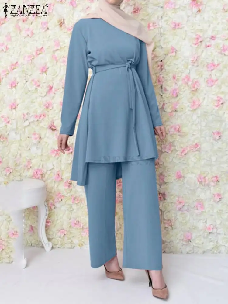 

Модная женская осенняя блузка комплекты для мусульман ZANZEA с длинным рукавом, турецкие блузки, свободные брюки с широкими штанинами, абайя, однотонная Исламская одежда, 2 шт.