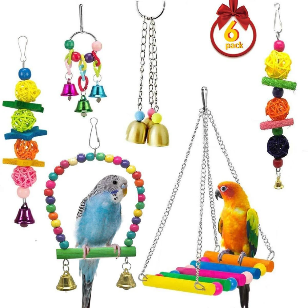

6 шт. клетка для попугаев, жевательная игрушка, лестницы, качели, красочный подвесной Колокольчик для домашних животных, Детские клетки для попугаев