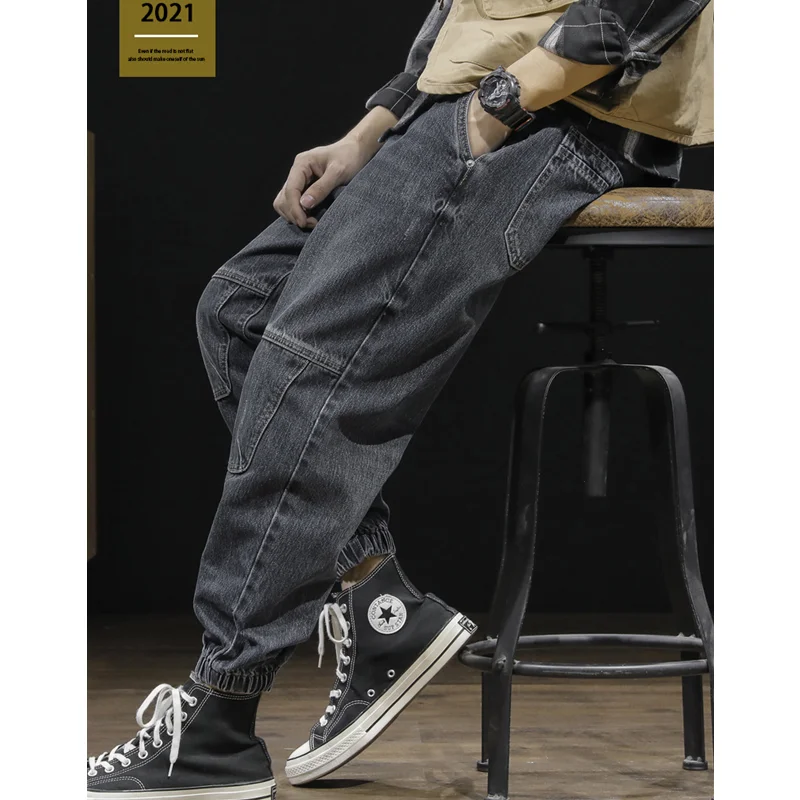 Men Clothing Autumn and Winter Straight Loose Splicing Cylinder Jeans Vintage Comfortable Navy Blue Large Harun Trousers Female