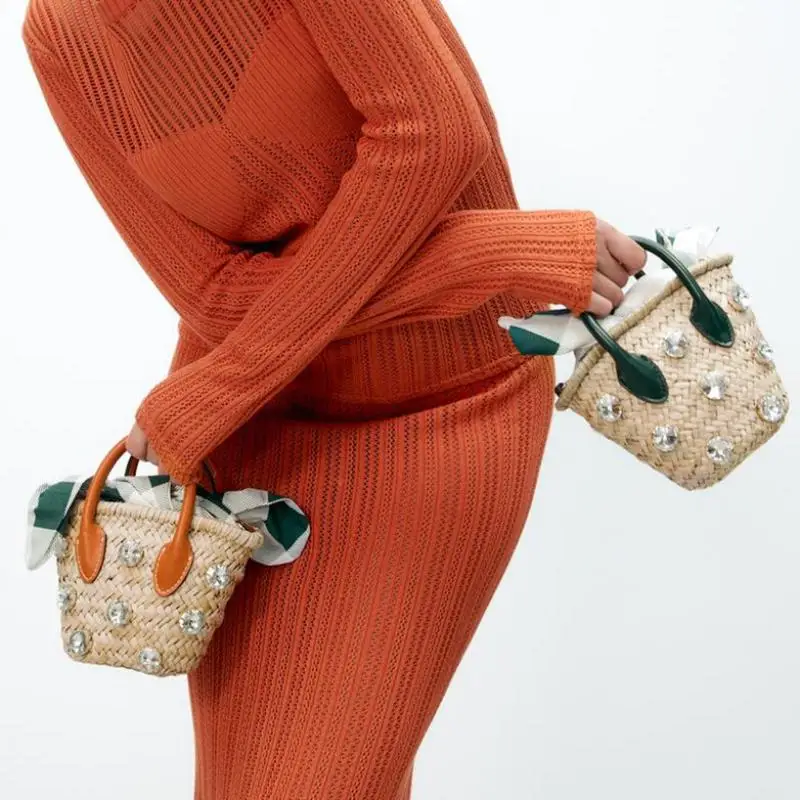 

Brand Mini Basket Bag Rattan Weaving Shoulder Crossbody Bag Women Printed Fabric Knot Diamond Handbags Designer Top-Handle Bags