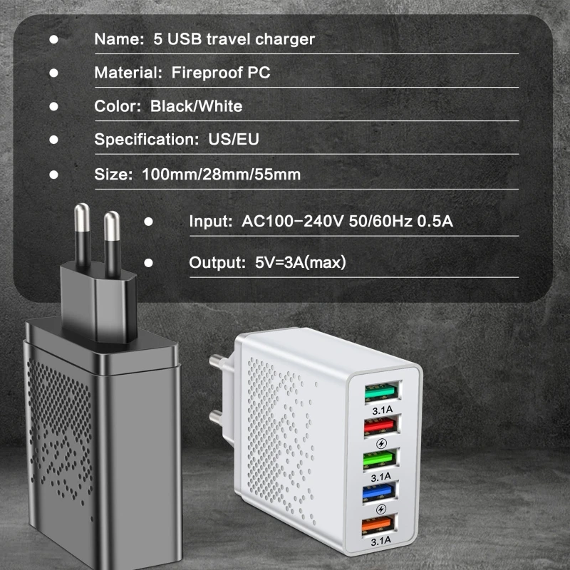 USB Wall Charger 5 Ports Quick Charging Adapter 48W 3.1A Power Charger Box Block Brick Cube EU/US Plug Power Adapter K1KF images - 6