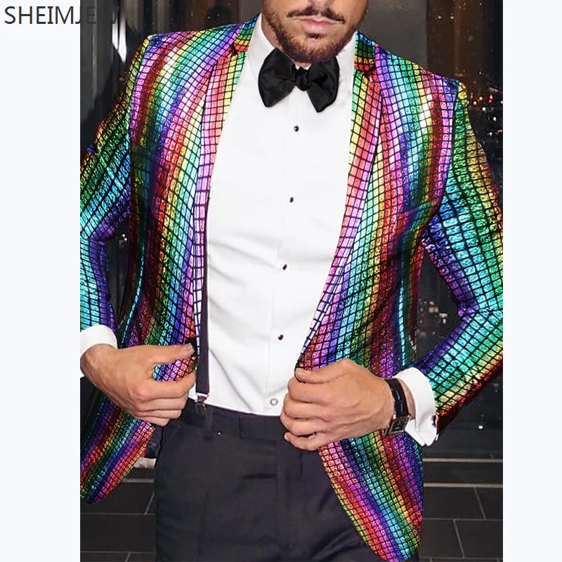 

2023 Shiny Rainbow Plaid Jacket Mens 3d Digital Printed Stage Prom Blazer Men Dance Festival Christmas Party Costume Homme Top