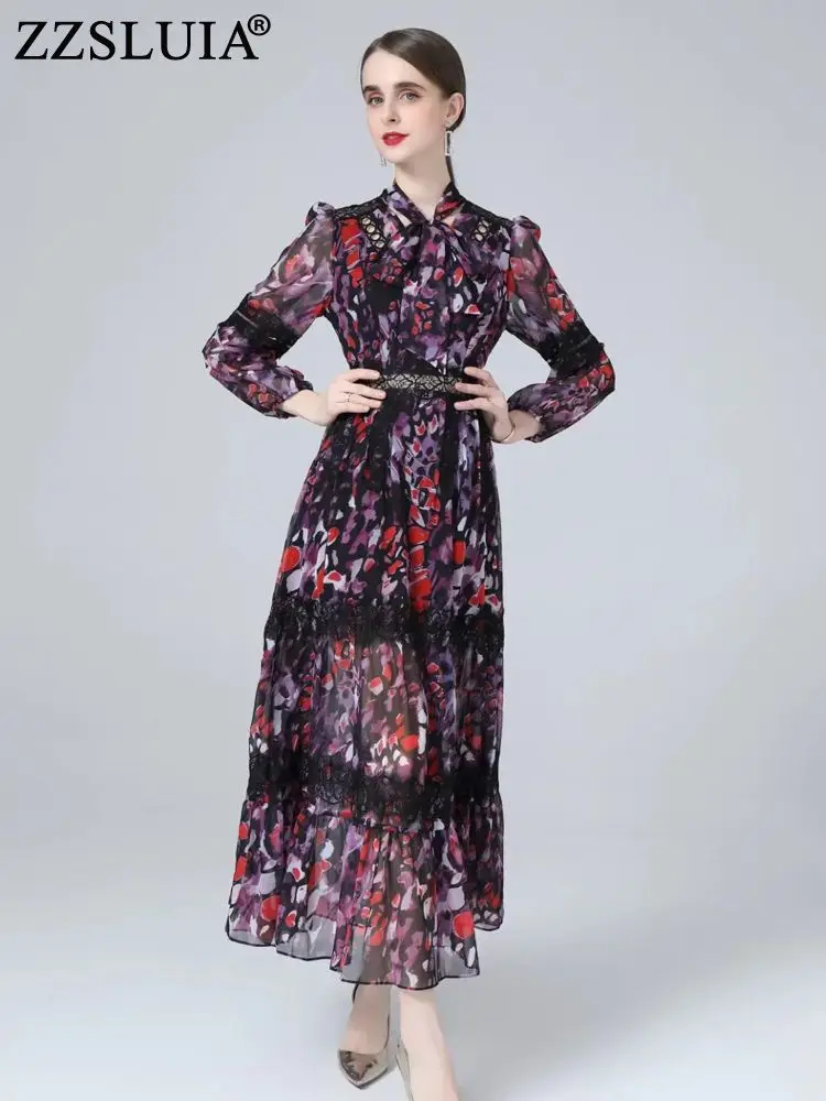 

ZZSLUIA Vintage Long Dresses For Women Printed Lace Designer Backless Slim Elegant Dress Fashion Long Sleeve One Piece Female